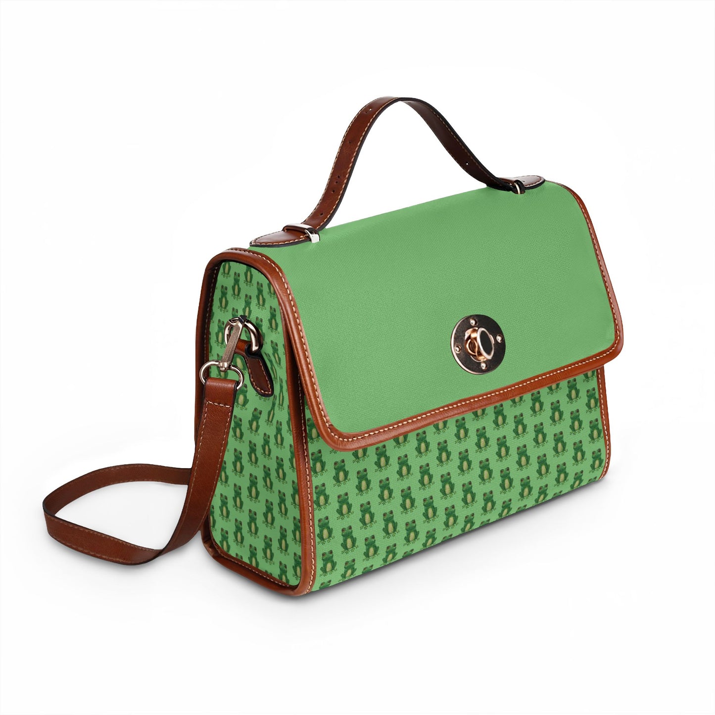 Green Waterproof Frog Print Canvas Satchel