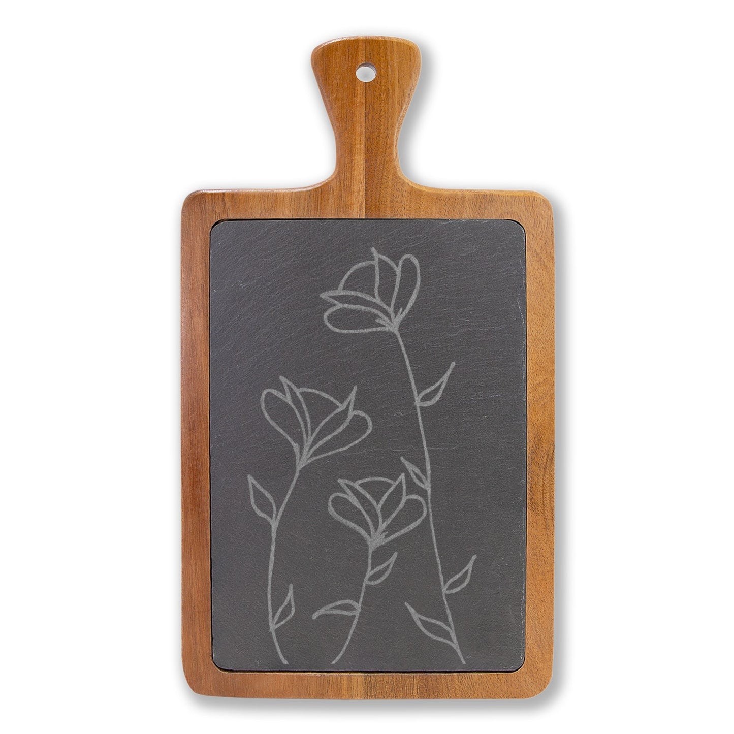 Engraved Acacia Cheese & Charcuterie Board with Slate Inlay — Floral Design