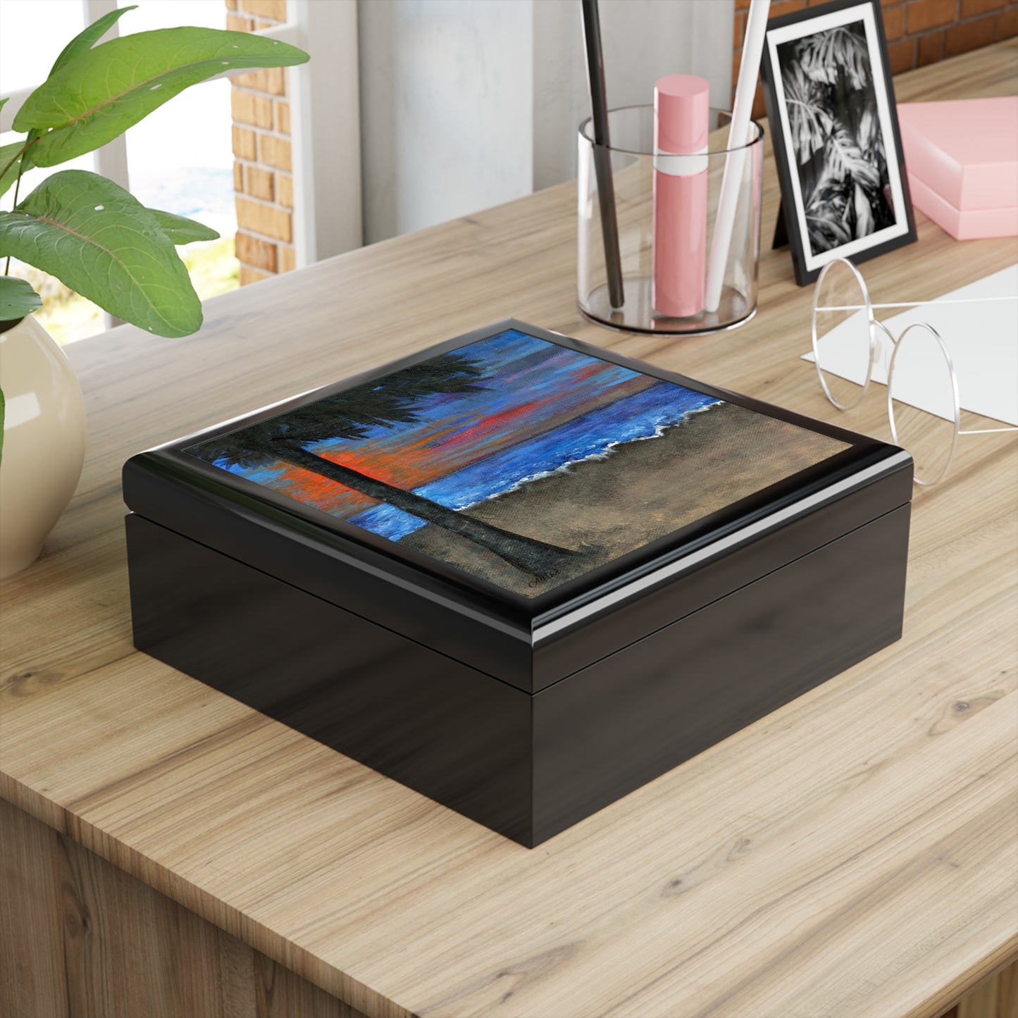 Sunset Palm Beach Jewelry Box | Coastal Ocean Wave Keepsake