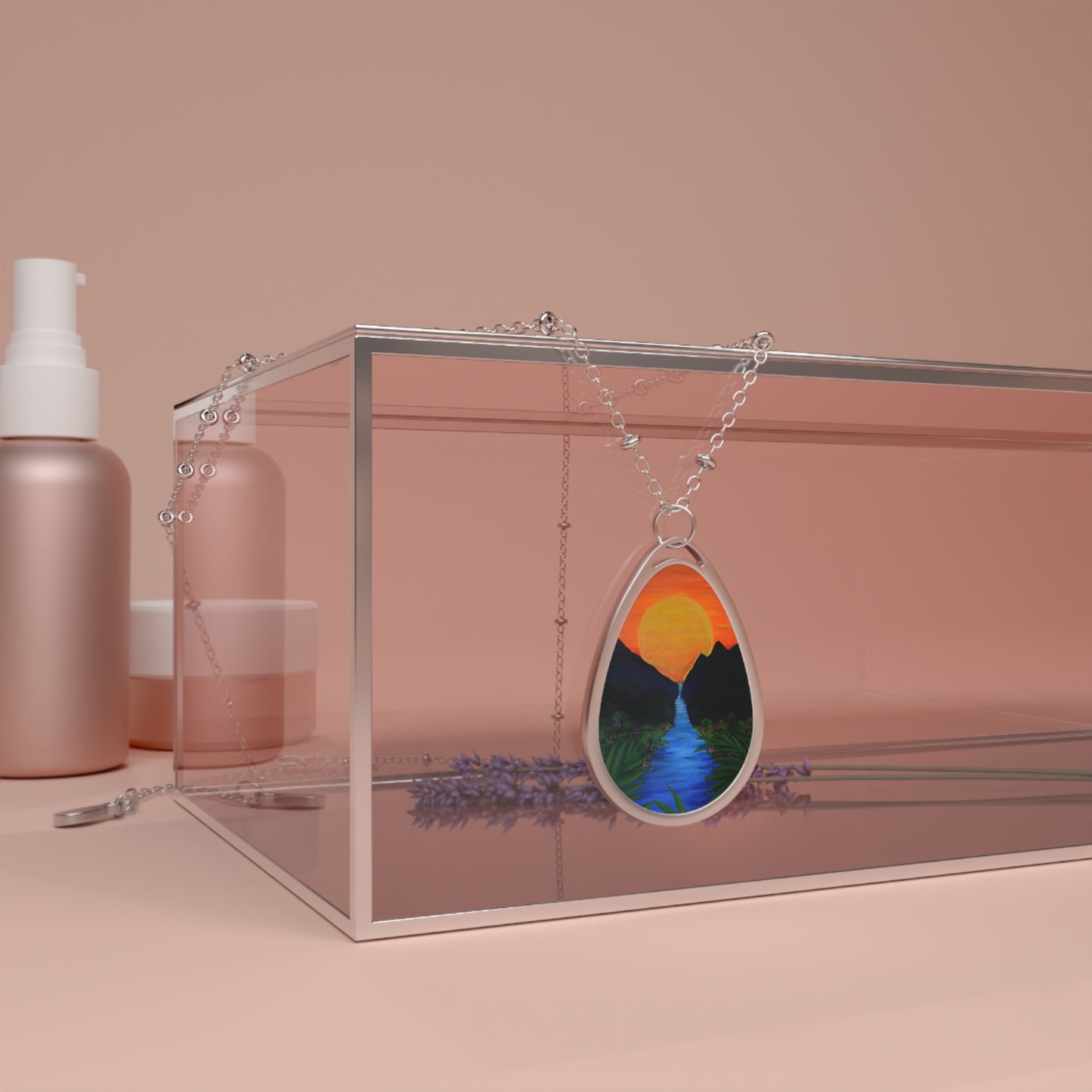 Oval Necklace - Tropical Sunset River Teardrop Pendant Necklace