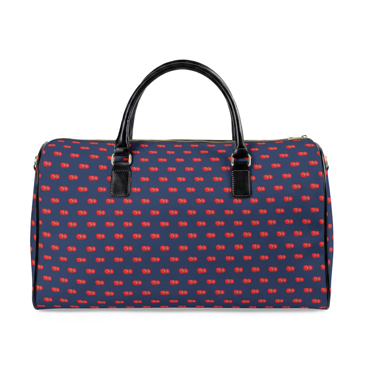Classic Leather Weekender Bag — Navy Blue with Red Mini Begonias