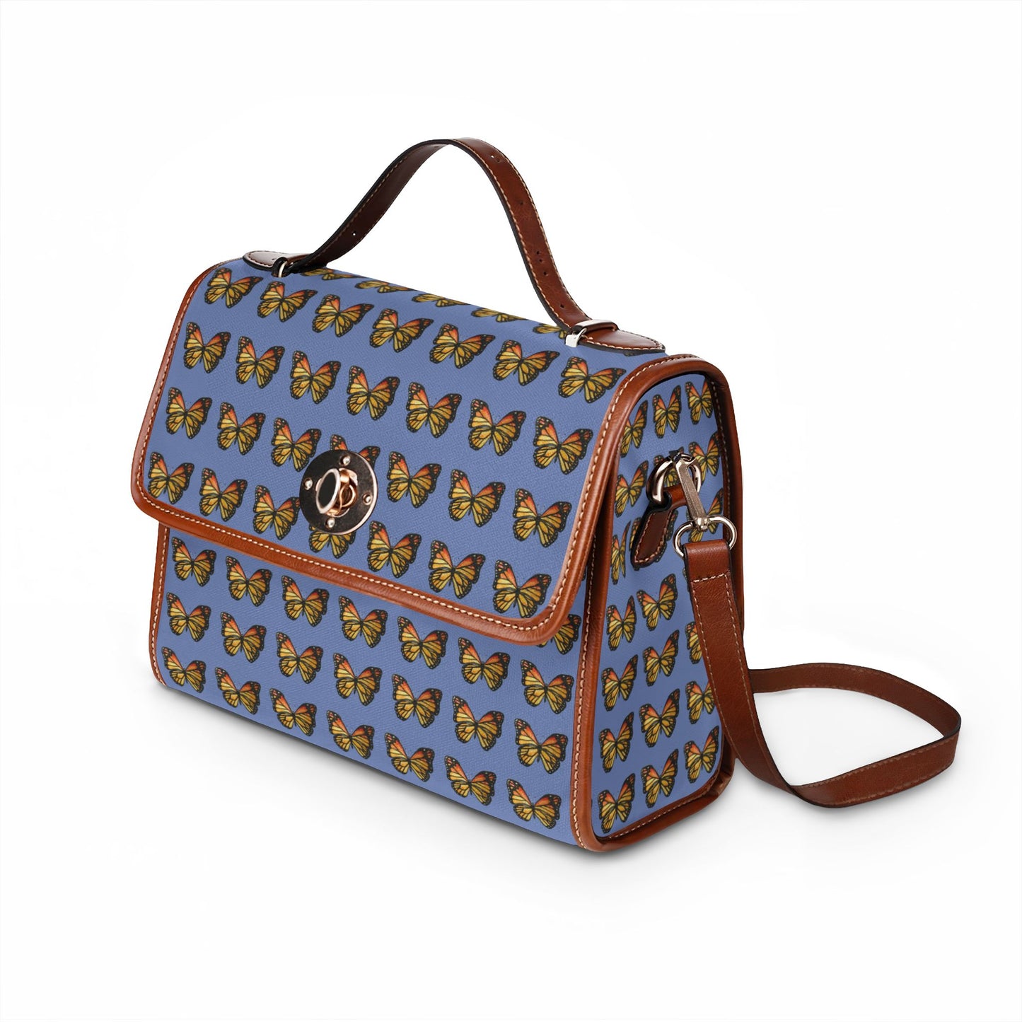 Butterfly Pattern Canvas Tote — Retro Blue Waterproof Bag