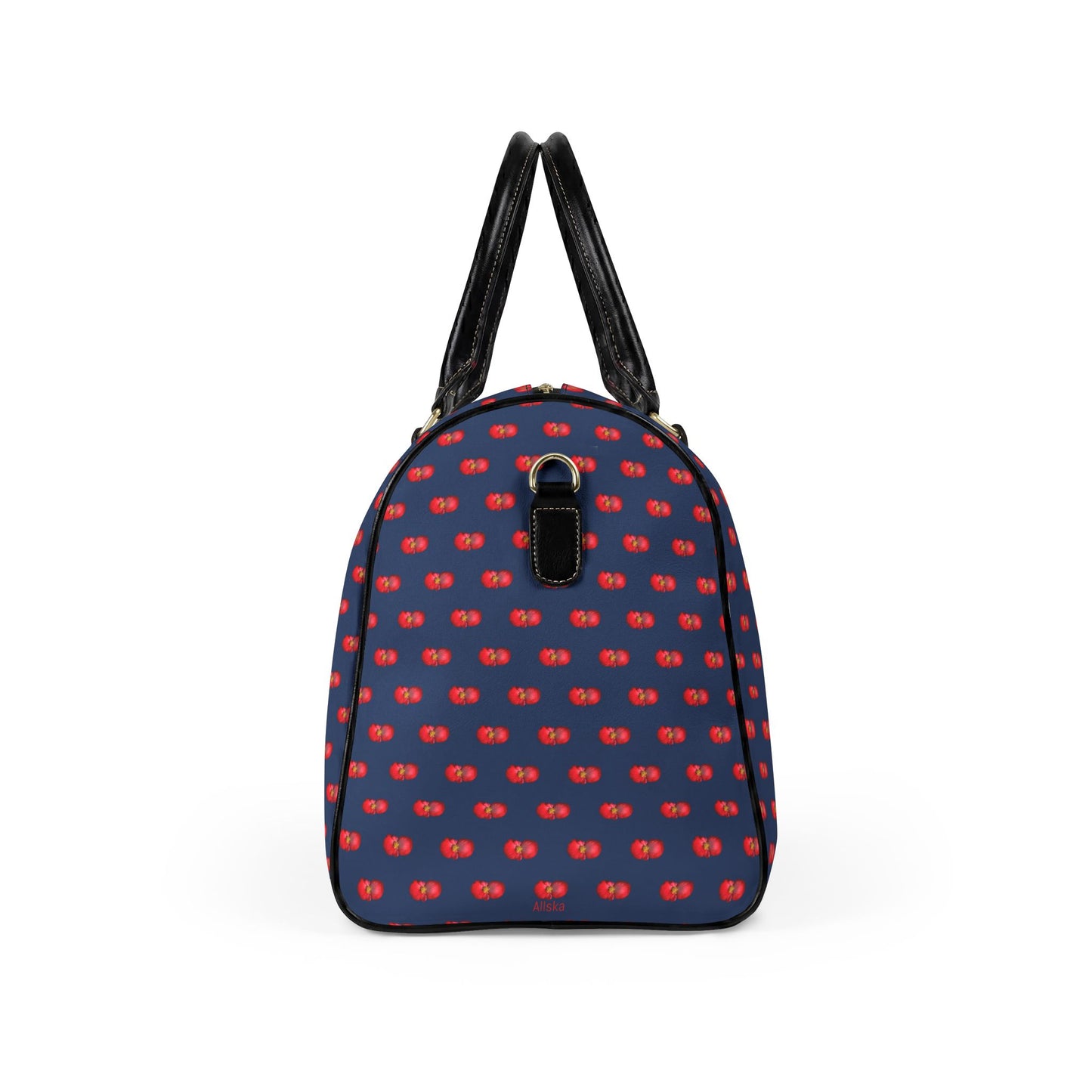 Classic Leather Weekender Bag — Navy Blue with Red Mini Begonias