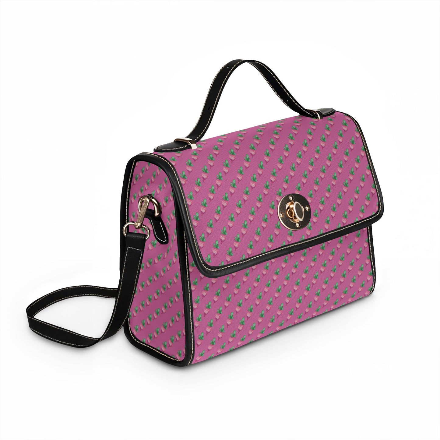 Pink Floral Radish Print Waterproof Canvas Crossbody Satchel