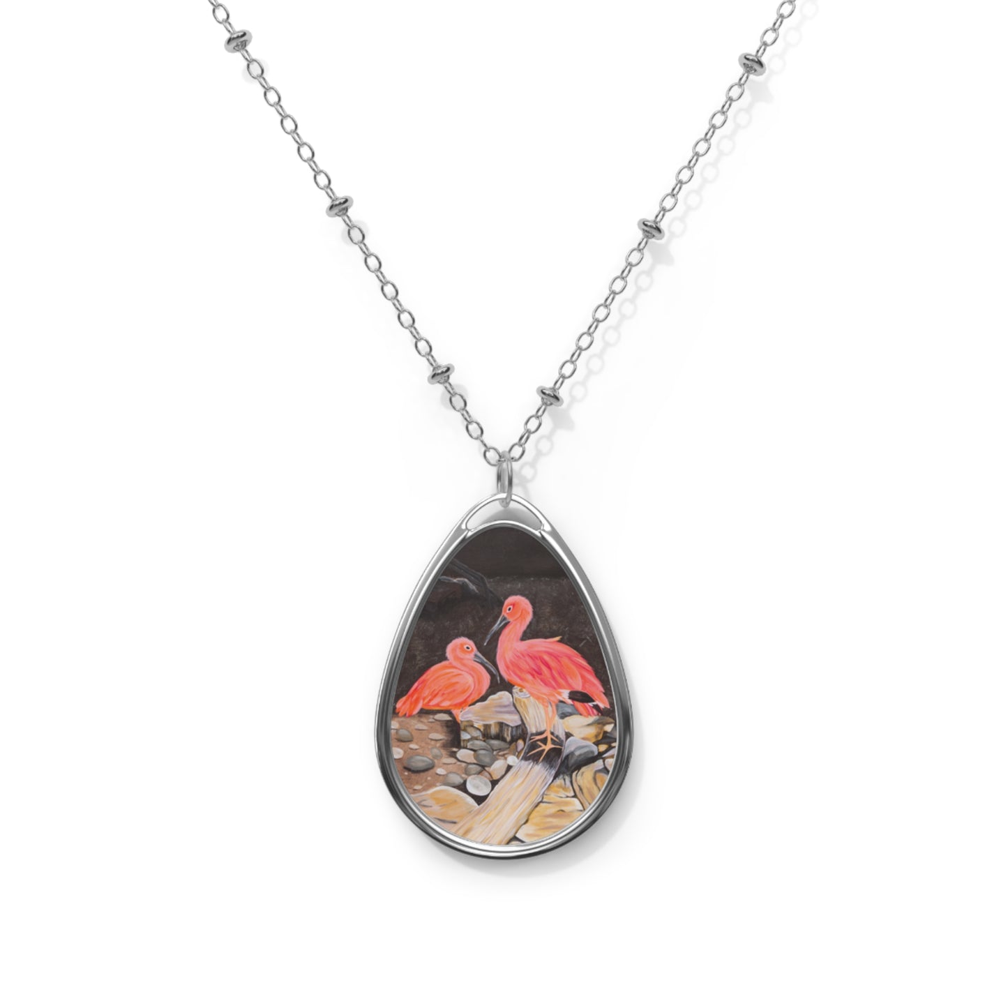 Pink Ibis Birds Oval Necklace