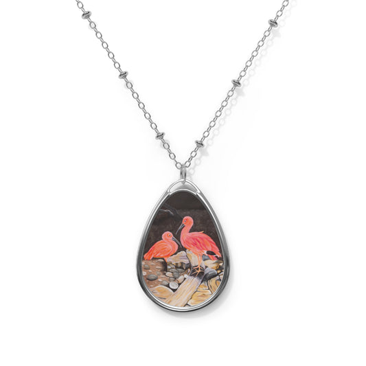 Pink Ibis Birds Oval Necklace