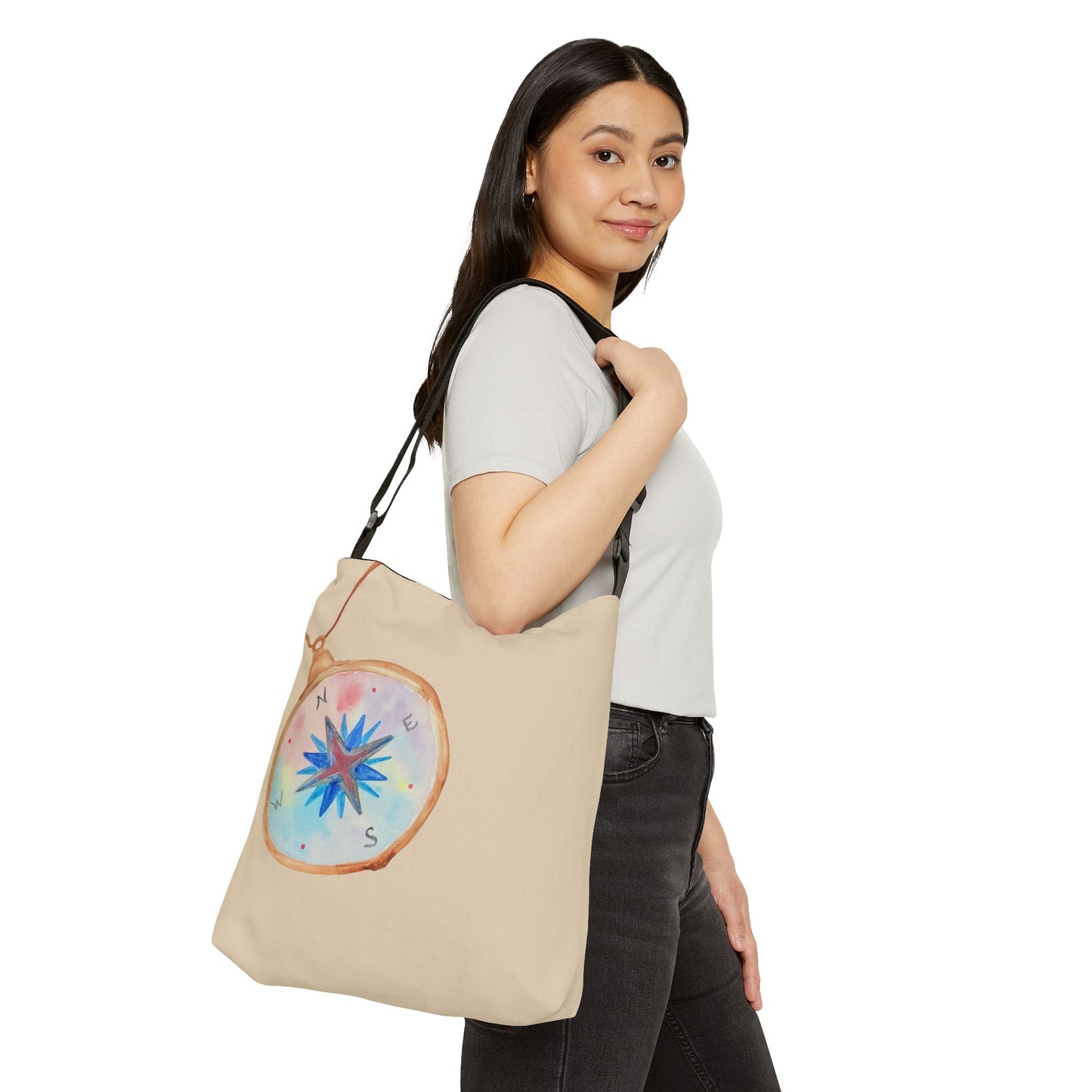 Compass Pendant Adjustable Tote Bag — Watercolor Travel Compass Print