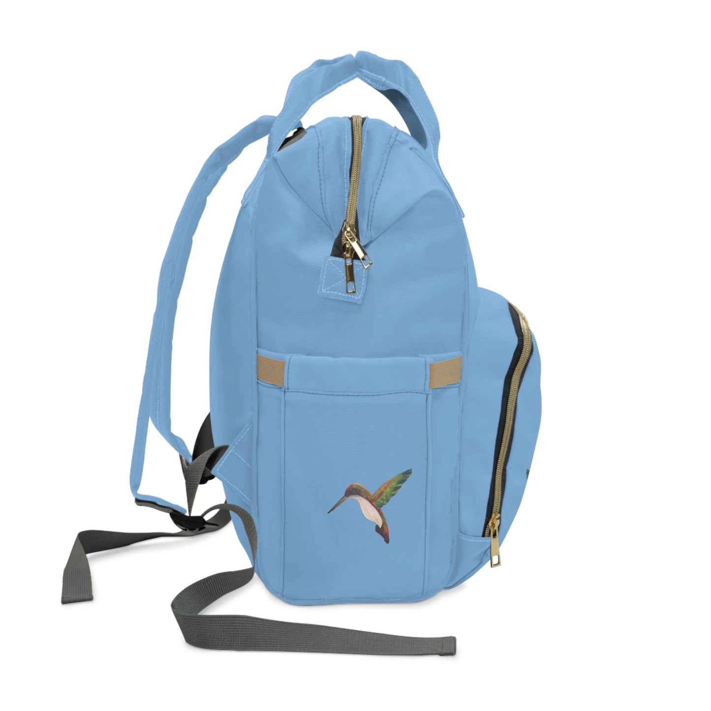Light Blue Hummingbird Print Diaper Backpack – Multifunctional Baby Bag with Changing Pad