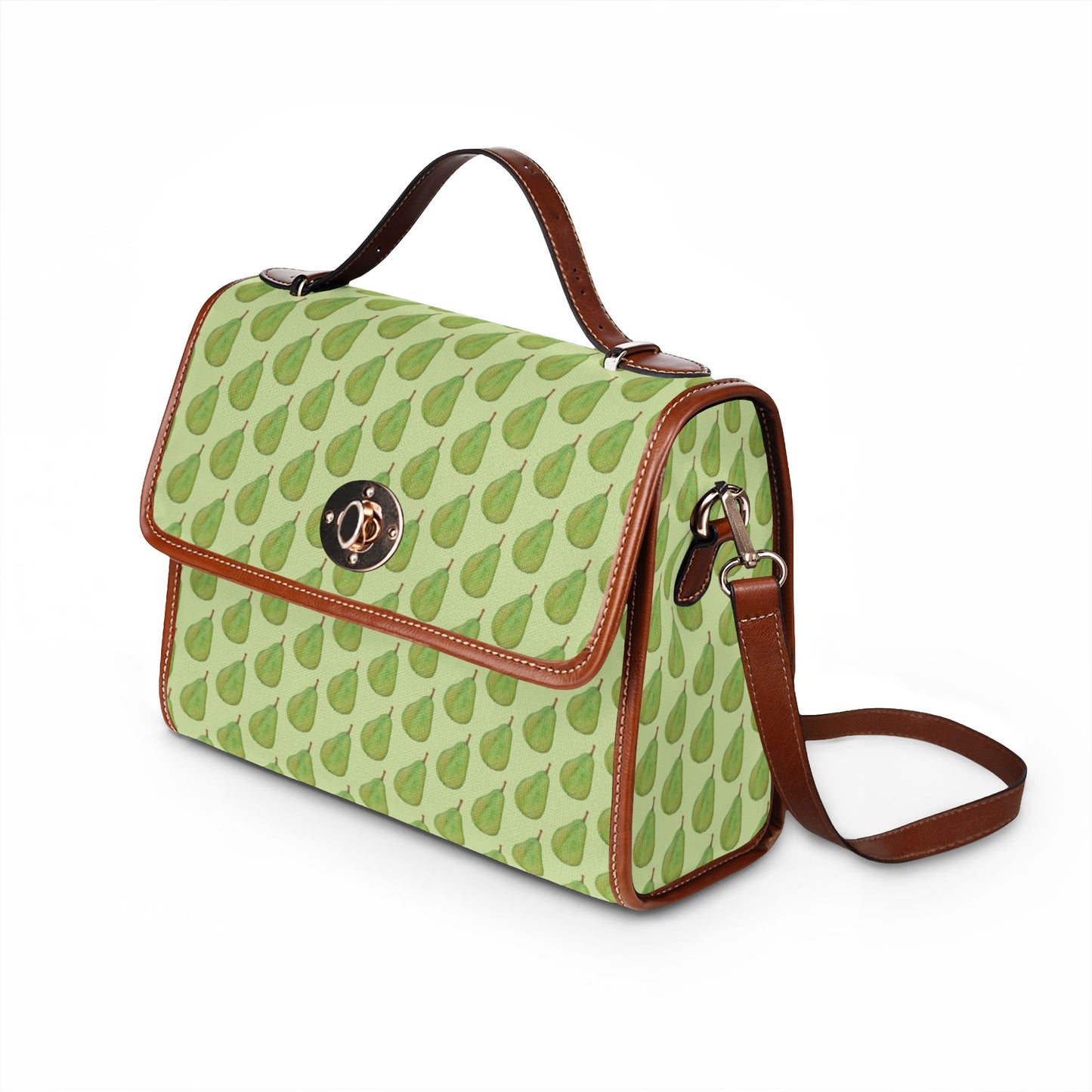Green Pear Pattern Canvas Tote — Waterproof Fruit Print Bag
