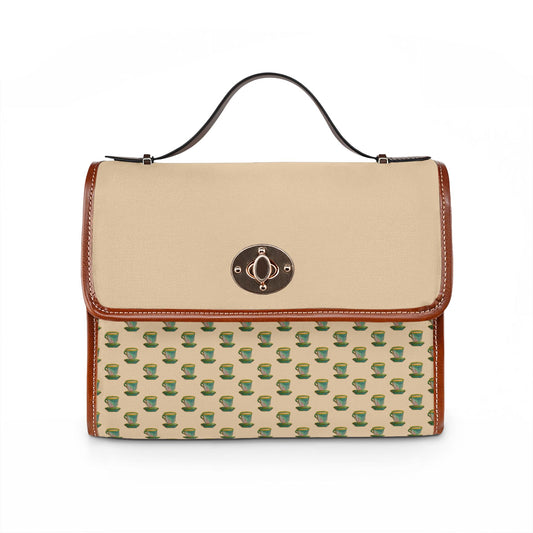 Green Teacup Pattern Beige Canvas Crossbody Satchel