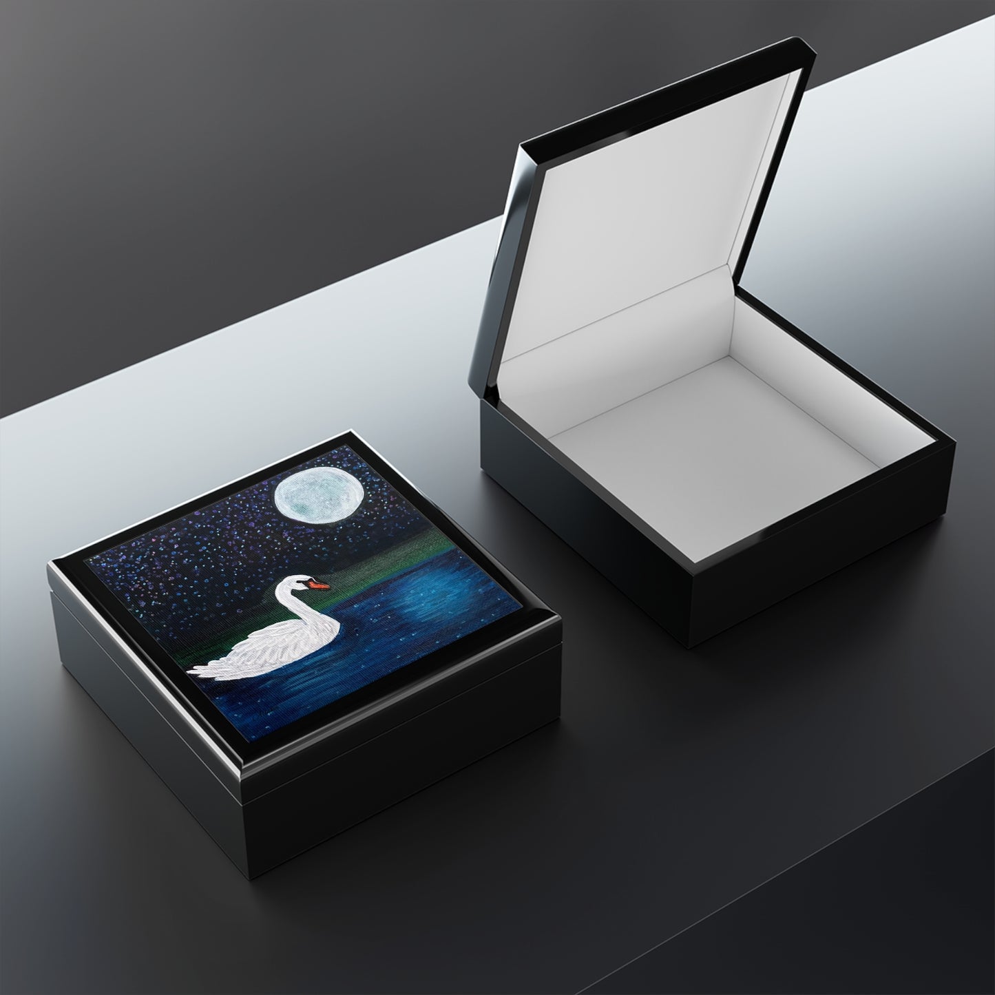 Moonlit Swan Lake Jewelry Box | Night Sky Lake Keepsake Box