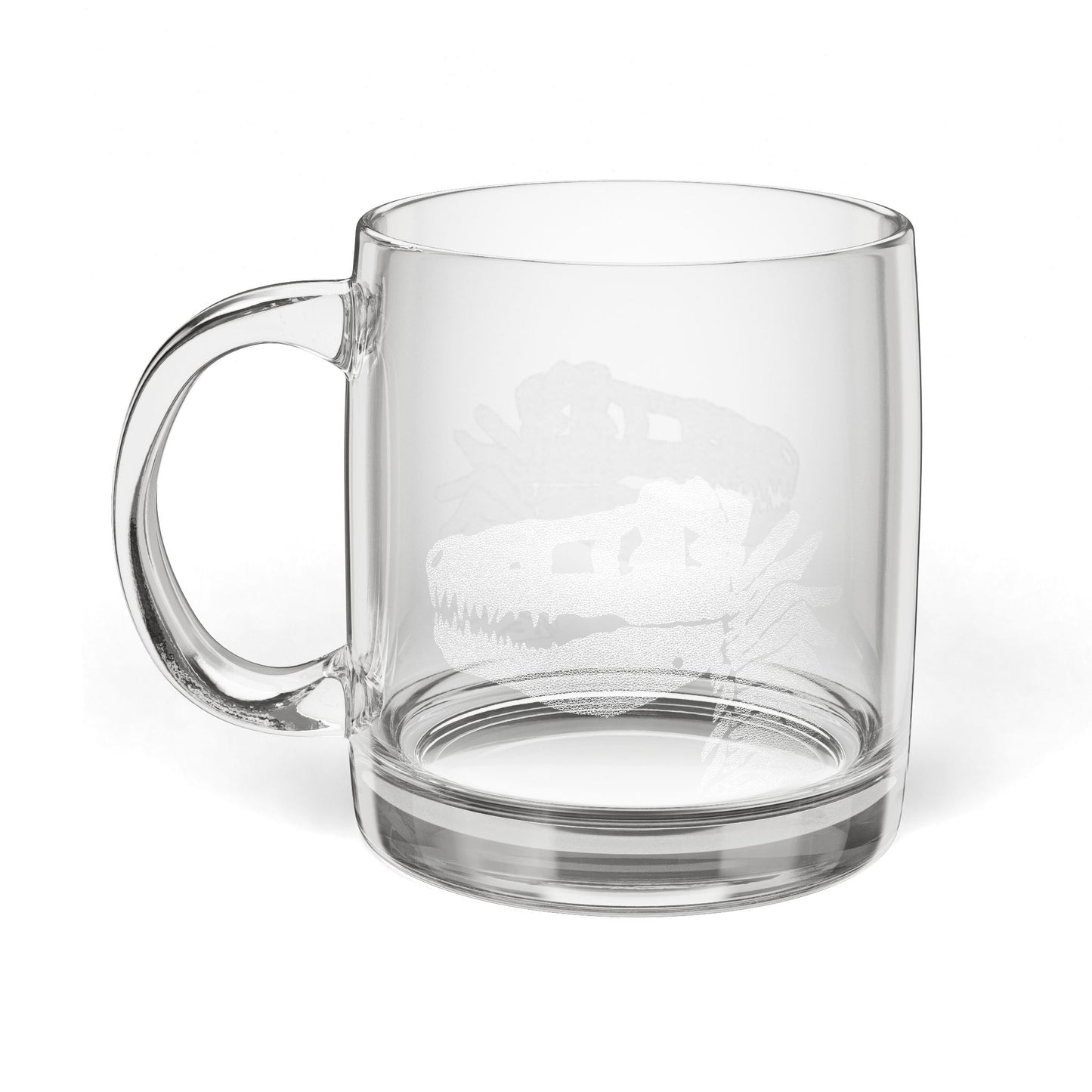 Engraved Dinosaur Glass Coffee Mug — Classic 12.25 oz Clear Mug with Subtle T.Rex Etched Design