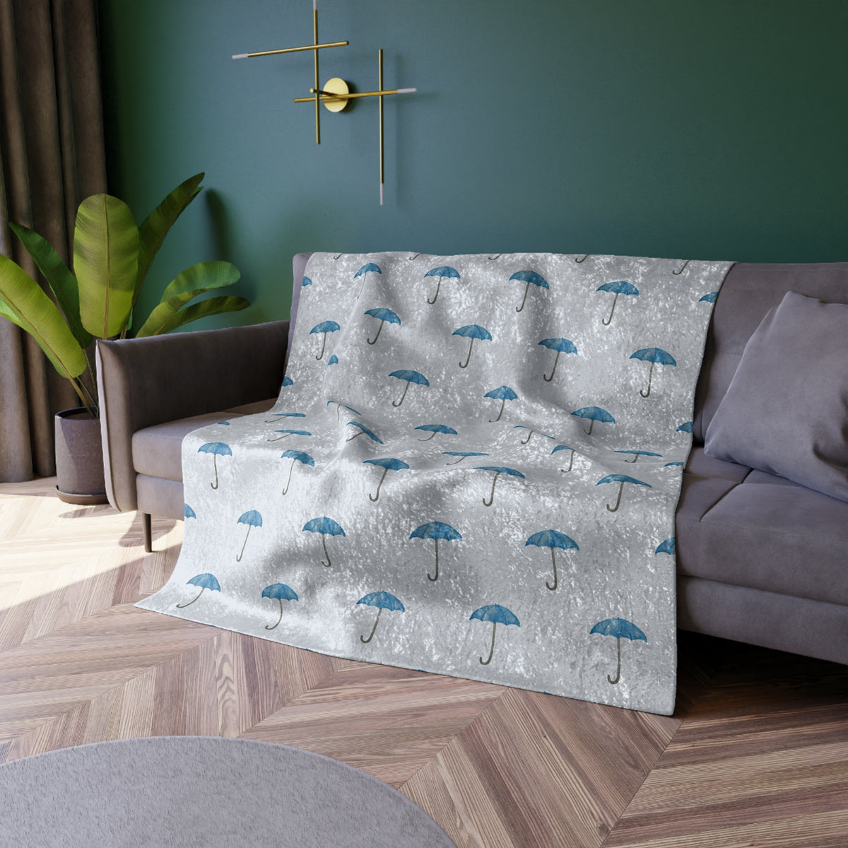 Crushed Velvet Blanket — Blue Umbrella Patterned Throw