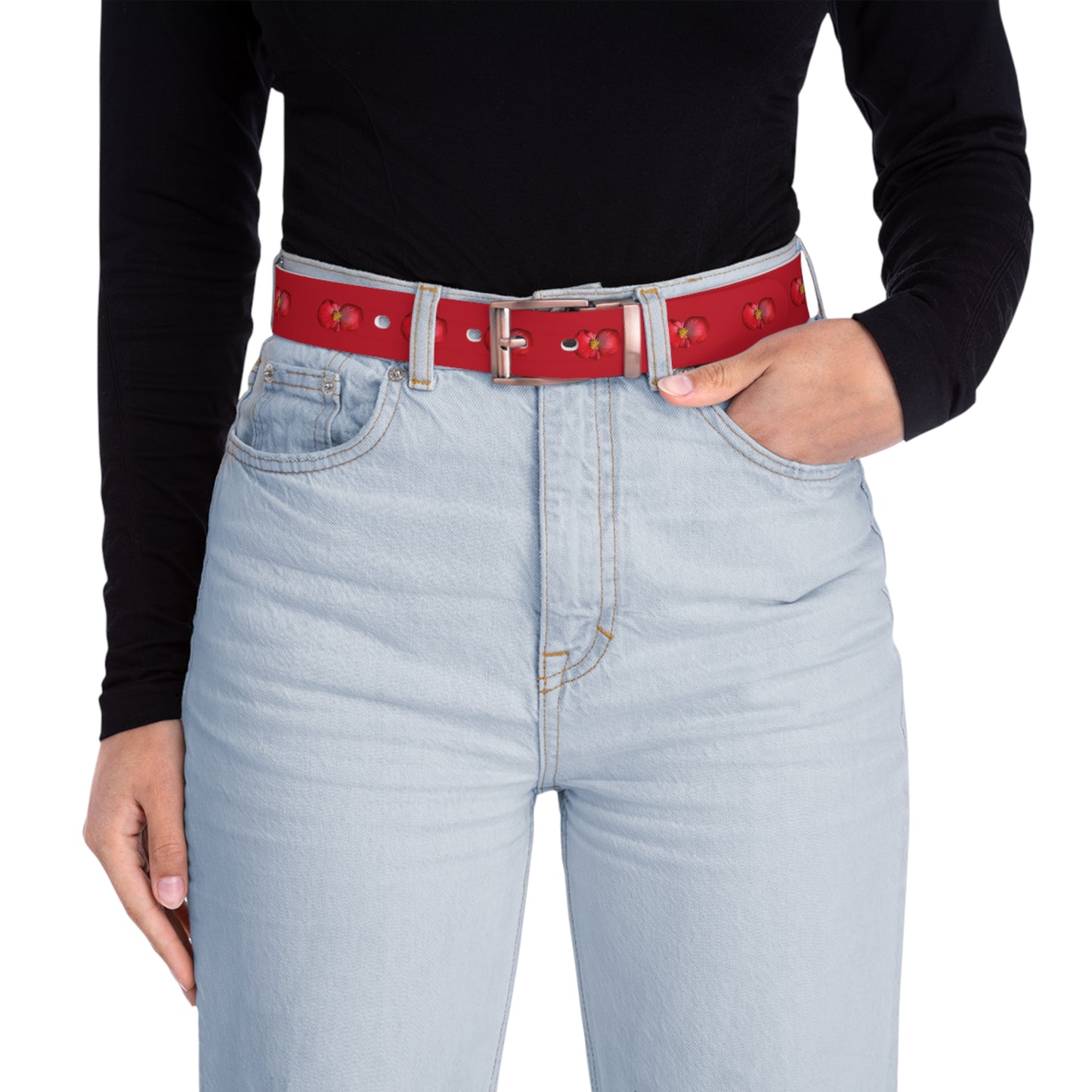 Begonia Dot Belt — Black Waist Belt with Red Begonia Floral Pattern