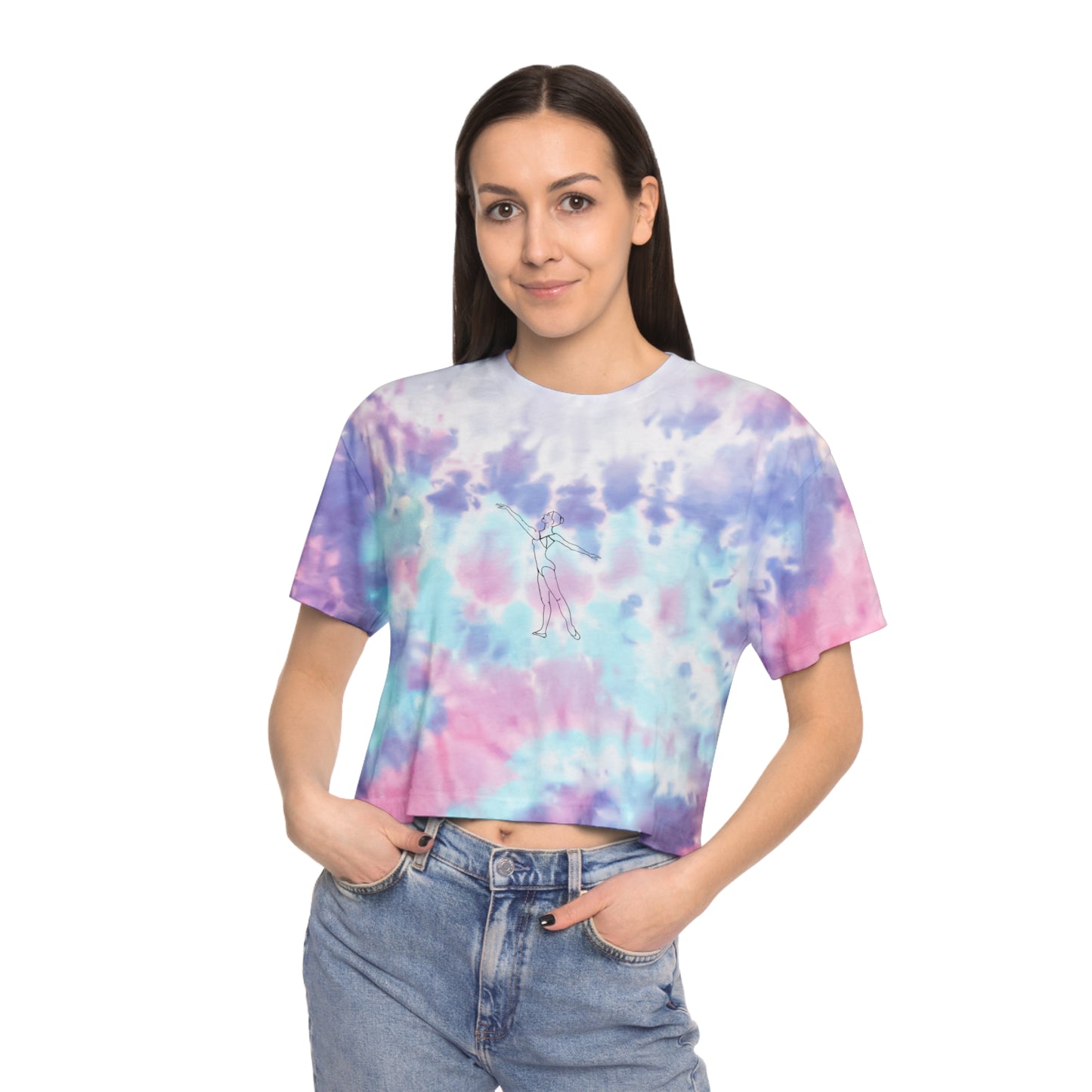 Tie-Dye Crop Tee — Pastel Blue Spiral with Minimal Line Art