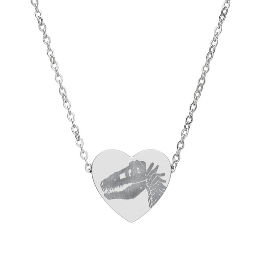 T-Rex Silhouette Heart Pendant Necklace — Engraved Dinosaur Jewelry