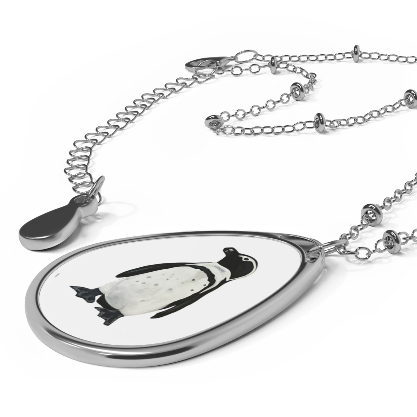 Penguin Oval Pendant Necklace — Hand-Painted Wildlife Teardrop Locket