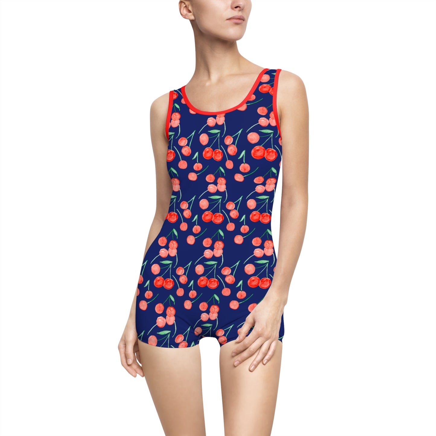 Navy Cherry One-Piece Swimsuit — Vintage Boyshort Swimwear