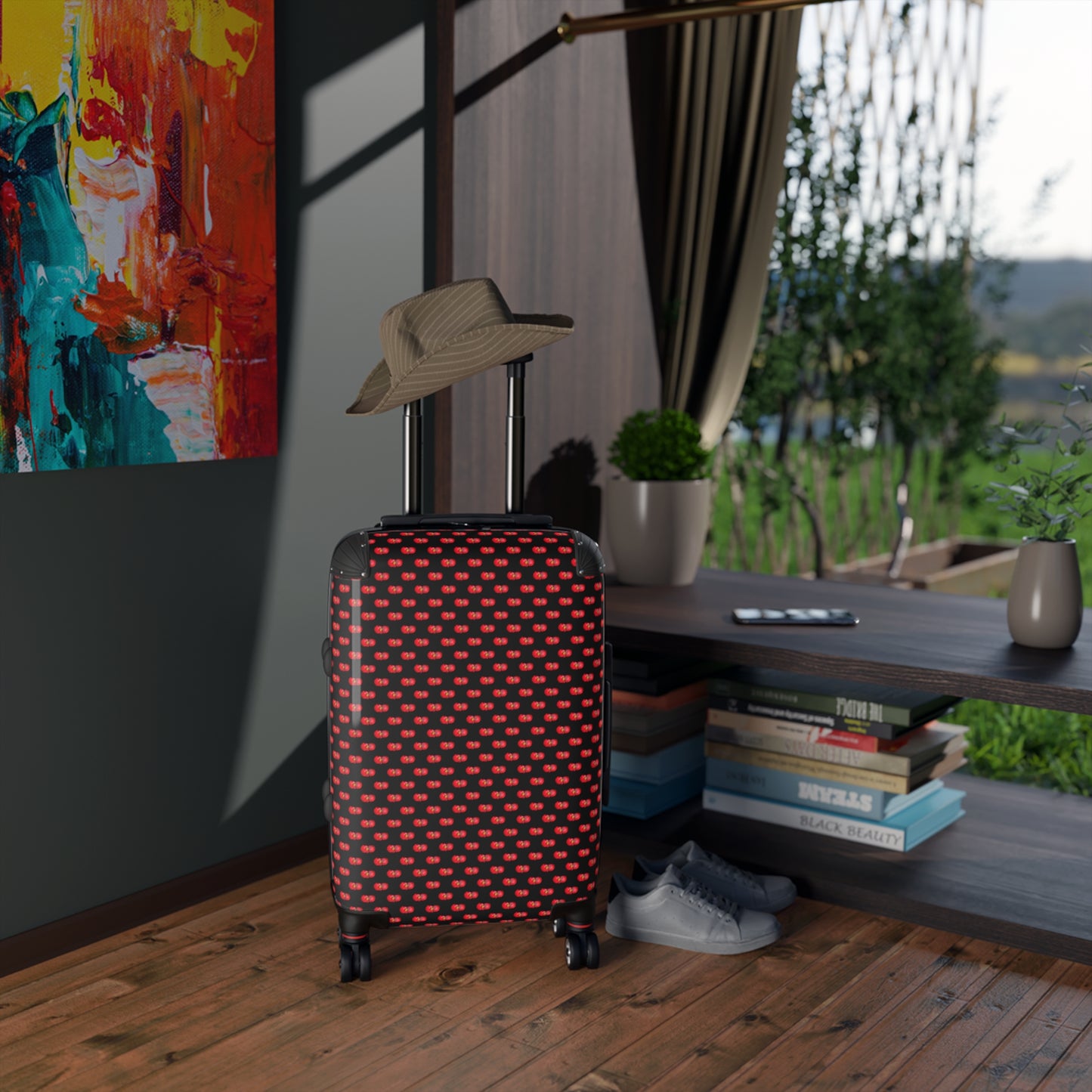 Red Begonia Floral Pattern Carry-On Suitcase — Black & Red Travel Luggage