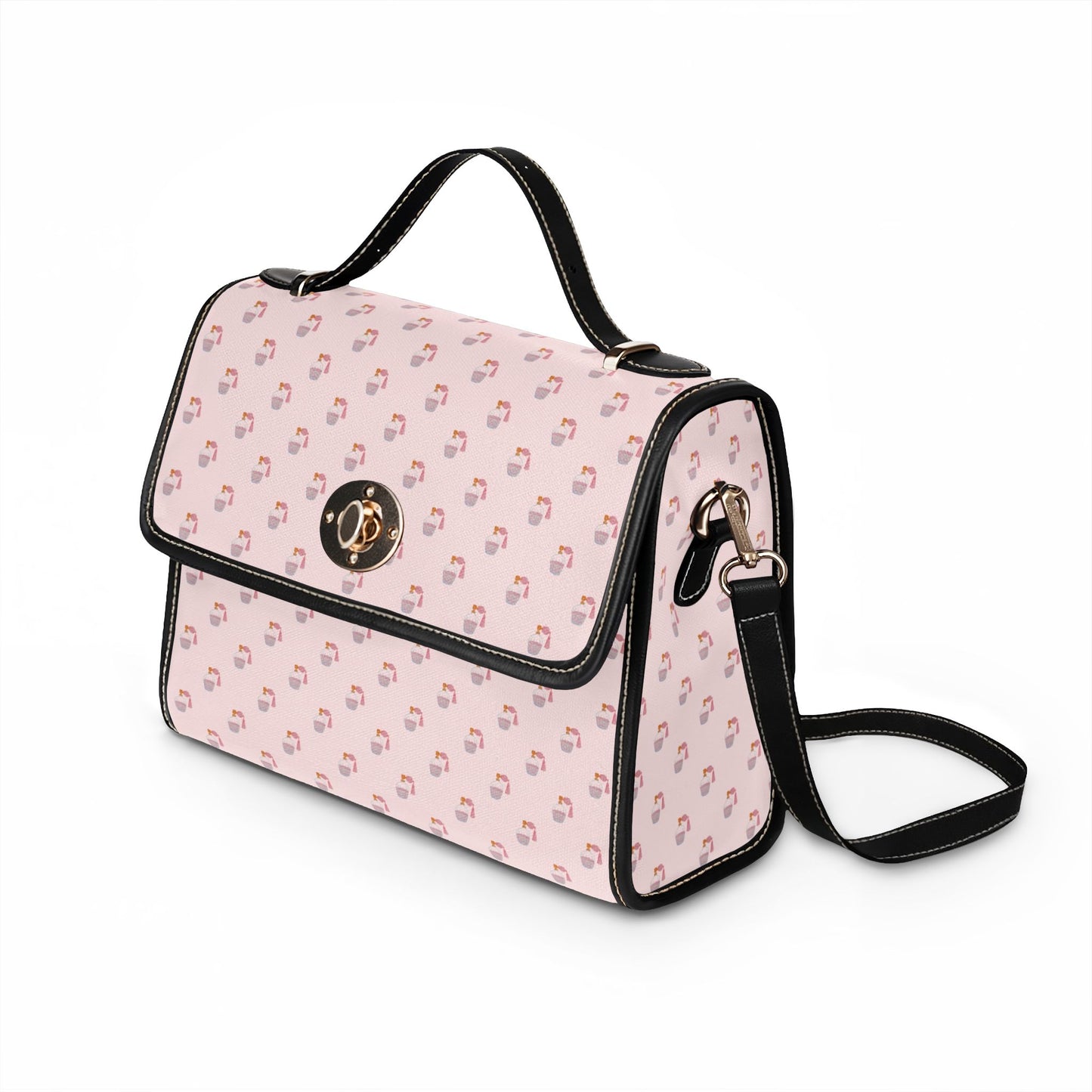 Pink Perfume Canvas Handbag — Waterproof Crossbody Satchel with Vegan Leather Trim