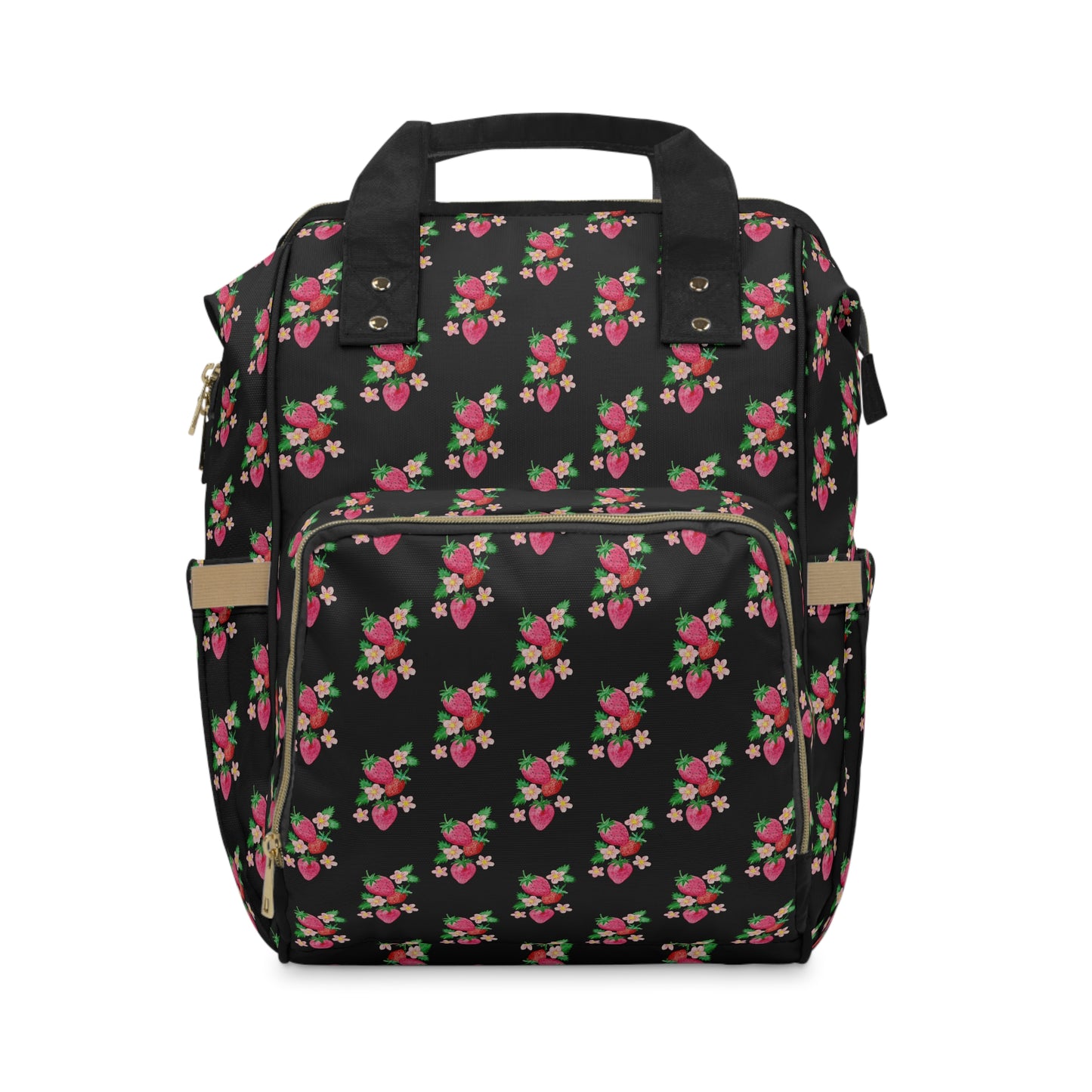 Floral Strawberry Diaper Backpack — Black Multifunctional Baby Bag