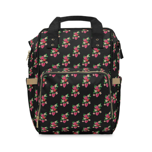 Floral Strawberry Diaper Backpack — Black Multifunctional Baby Bag
