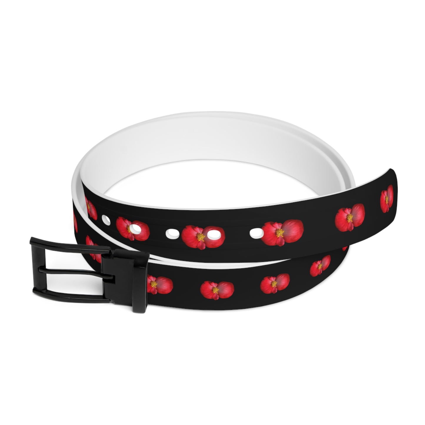 Begonia Dot Belt — Black Waist Belt with Red Begonia Floral Pattern