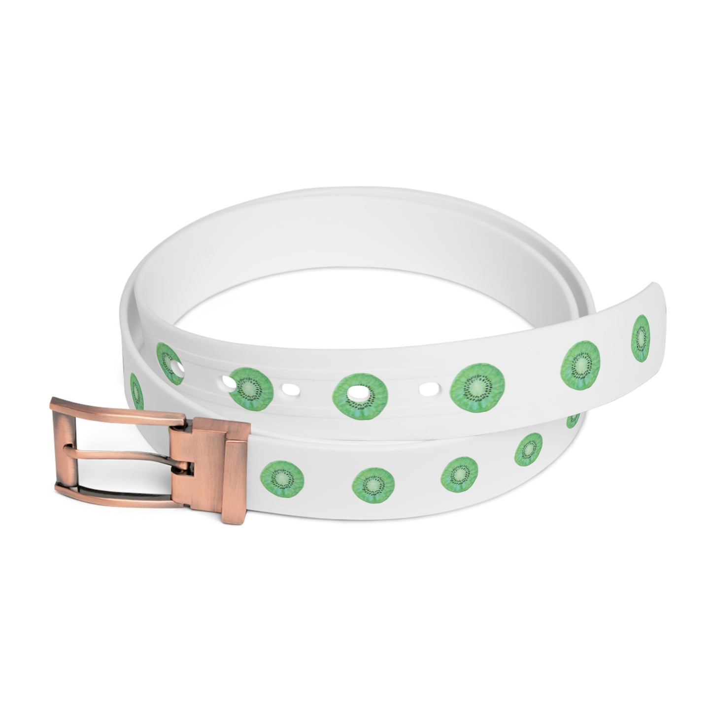 Kiwi Print Belt — White Vegan Leather Fruit Pattern Belt