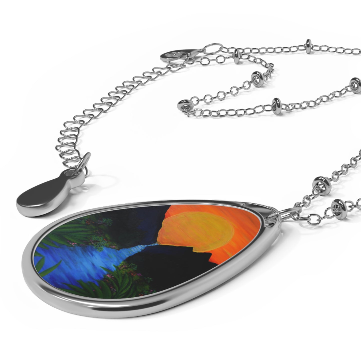 Oval Necklace - Tropical Sunset River Teardrop Pendant Necklace