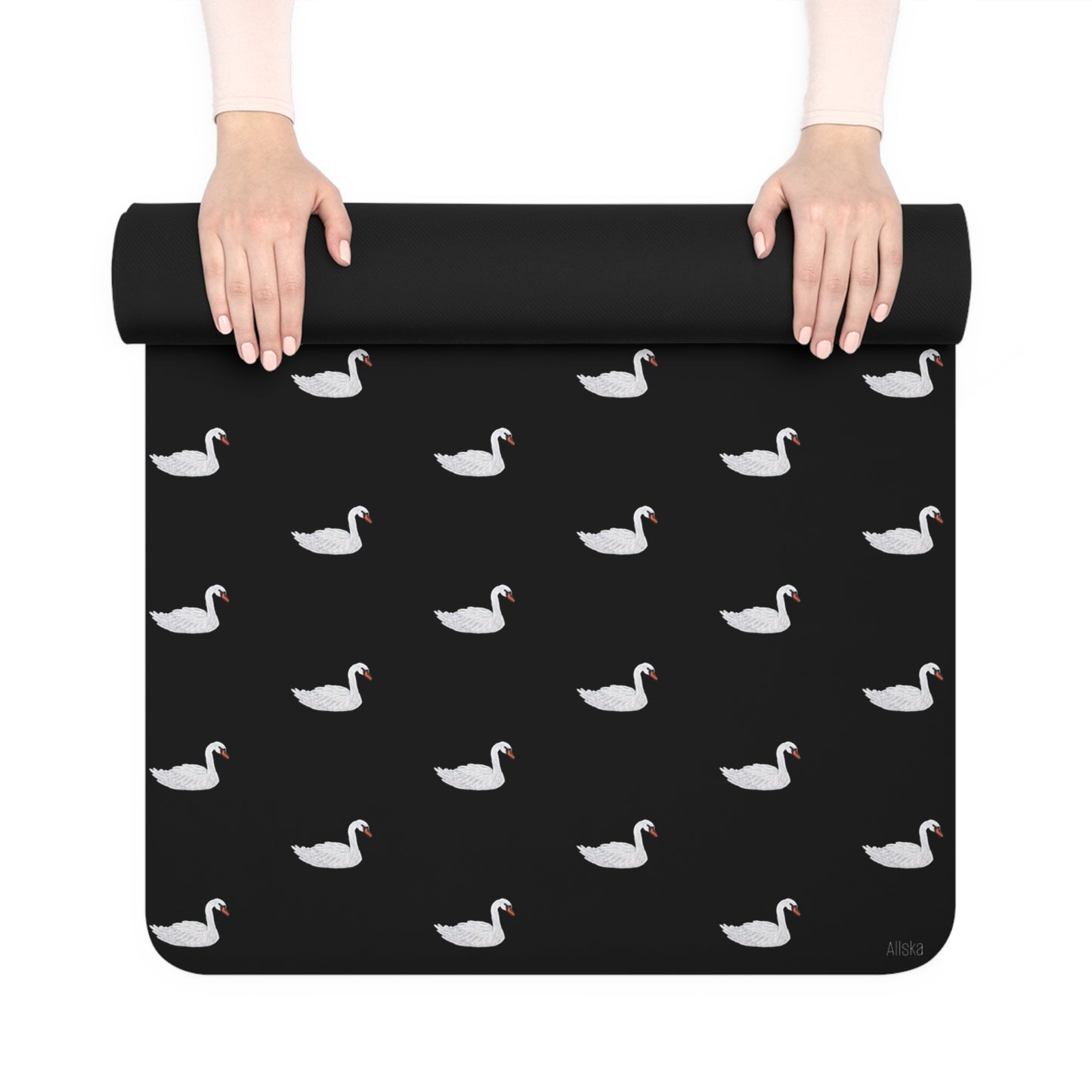 Black Rubber Yoga Mat with White Swan Pattern — Non-Slip Exercise Mat for Pilates & Travel