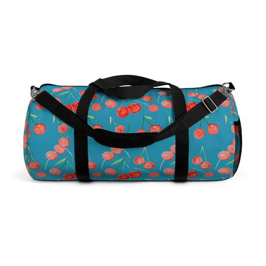Cherry Pattern Duffel Bag | Blue Cherry Print Travel Bag